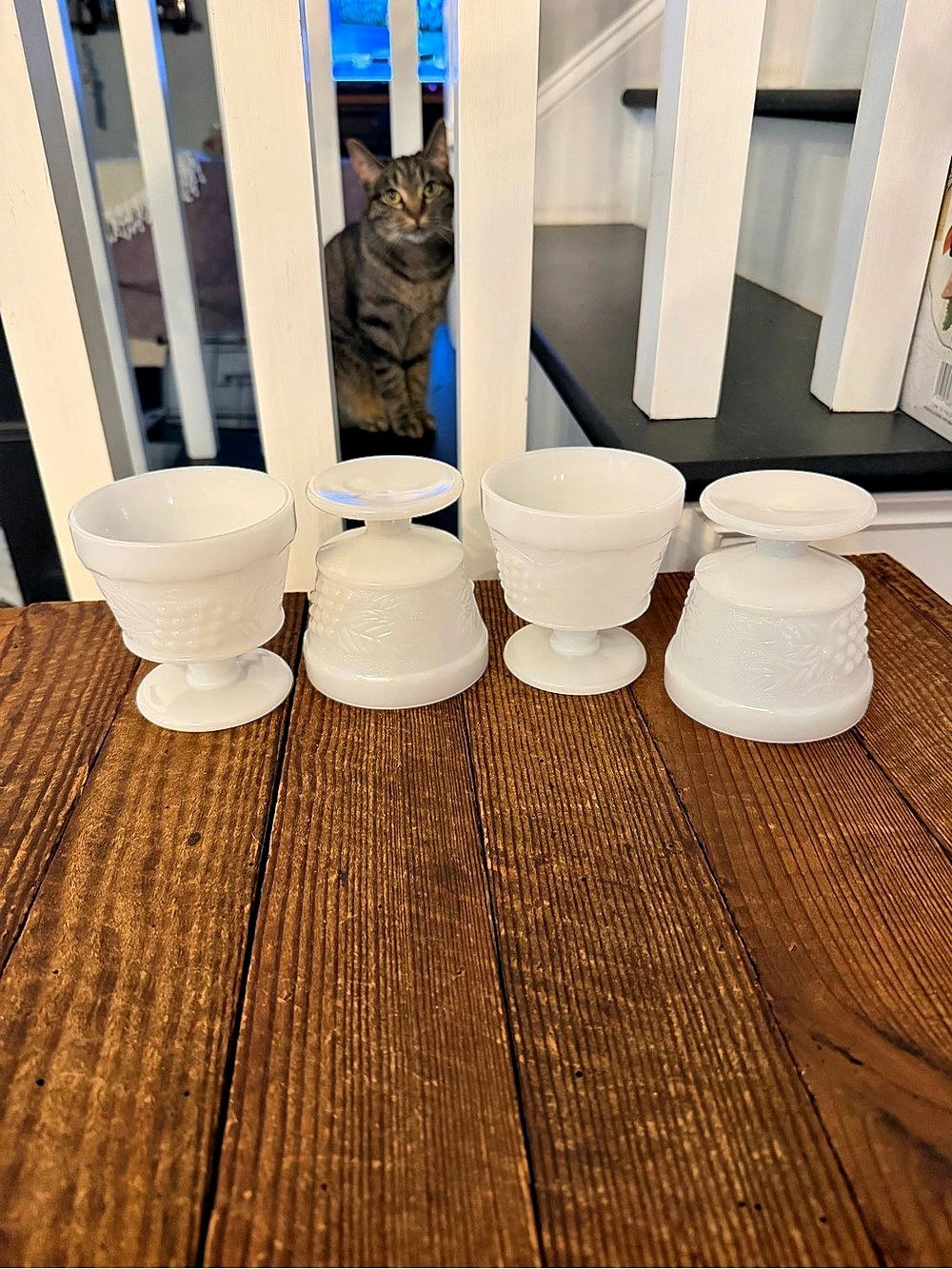 Set of (4) vintage Harvest Grape Milk Glass Footed Cups